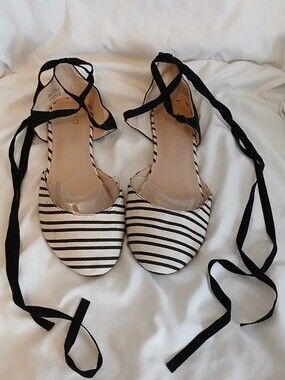 Mix No. 6 Black & White Striped Ankle-Tie Flats
